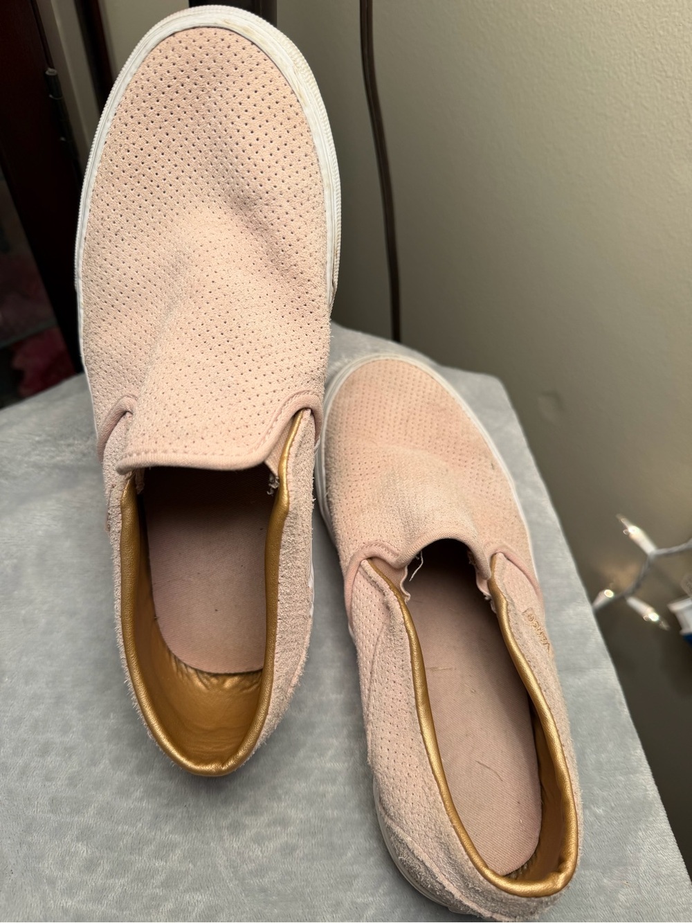 Vans Women’s Slip-On Sneakers in Blush Pink with Gold Trim
